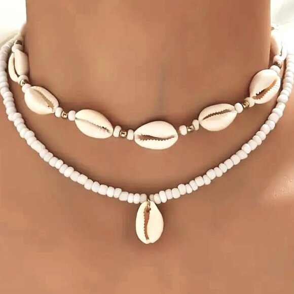 Shell Choker Necklace Cowrie Y2K Sexy Sea Ocean Sufer Vacation Hawaii Beads Boho - Picture 1 of 4